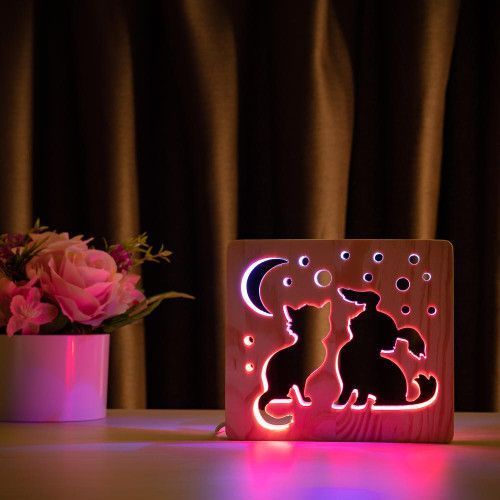 Фото Светильник ночник ArtEco Light с дерева LED "Кот и собачка" с пультом и регулировкой цвета, двойной RGB 1020356,