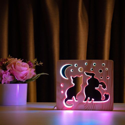 Фото Светильник ночник ArtEco Light с дерева LED "Кот и собачка" с пультом и регулировкой цвета, двойной RGB 1020356,