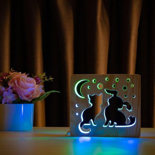 Фото Светильник ночник ArtEco Light с дерева LED "Кот и собачка" с пультом и регулировкой цвета, двойной RGB 1020356,