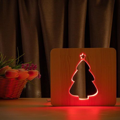 Фото Светильник ночник ArtEco Light из дерева LED "Елка заснеженная" с пультом и регулировкой цвета, RGB 1021469,