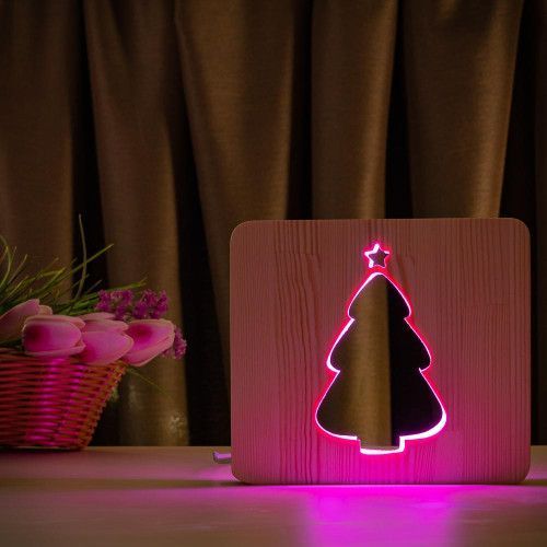Фото Светильник ночник ArtEco Light из дерева LED "Елка заснеженная" с пультом и регулировкой цвета, RGB 1021469,