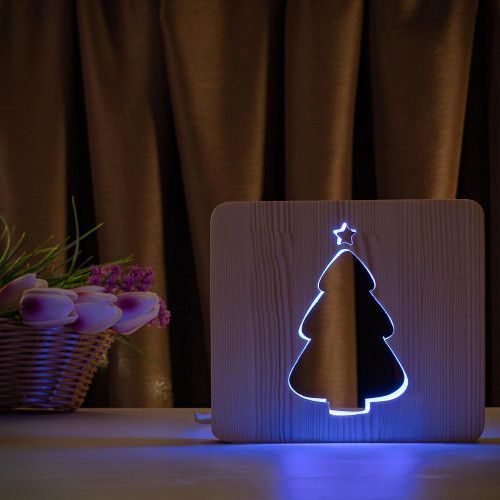 Фото Светильник ночник ArtEco Light из дерева LED "Елка заснеженная" с пультом и регулировкой цвета, RGB 1021469,