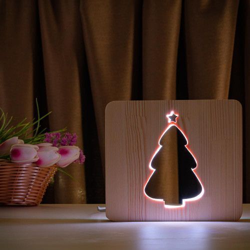 Фото Светильник ночник ArtEco Light из дерева LED "Елка заснеженная" с пультом и регулировкой цвета, RGB 1021469,