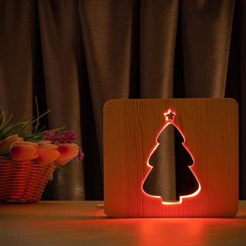 Фото Светильник ночник ArtEco Light из дерева LED "Елка заснеженная" с пультом и регулировкой цвета, RGB 1021469,