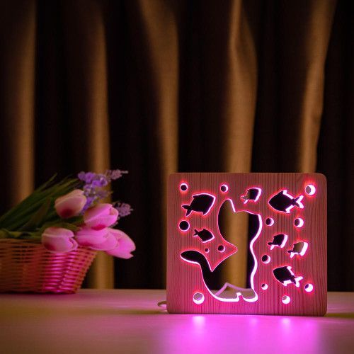 Фото Светильник ночник ArtEco Light из дерева LED "Кот и рыбки" с пультом и регулировкой цвета, RGB 1020351,