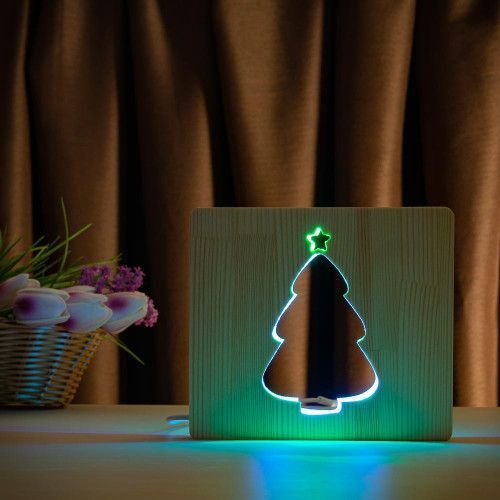 Фото Світильник нічник ArtEco Light з дерева LED "Ялинка засніжена" з пультом та регулюванням кольору, подвійний RGB 1021470,