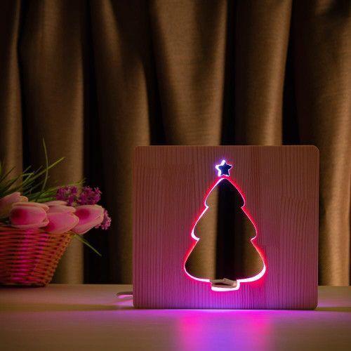 Фото Світильник нічник ArtEco Light з дерева LED "Ялинка засніжена" з пультом та регулюванням кольору, подвійний RGB 1021470,