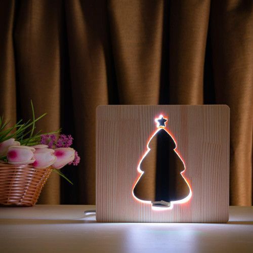 Фото Світильник нічник ArtEco Light з дерева LED "Ялинка засніжена" з пультом та регулюванням кольору, подвійний RGB 1021470,