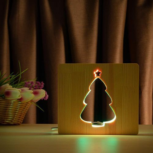 Фото Світильник нічник ArtEco Light з дерева LED "Ялинка засніжена" з пультом та регулюванням кольору, подвійний RGB 1021470,