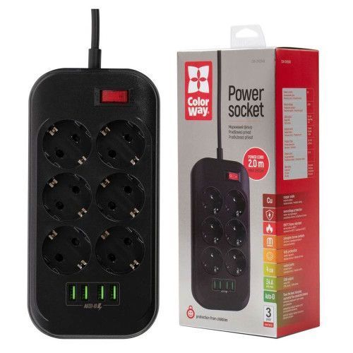 Фото Мережевий фільтр живлення ColorWay CW-CHE64B, 6 розеток/4USB Black (CW-CHE64B) U0382707,