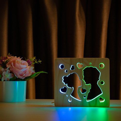 Фото Світильник нічник ArtEco Light з дерева LED "Поцілунок" з пультом та регулюванням кольору, подвійний RGB 1020452,