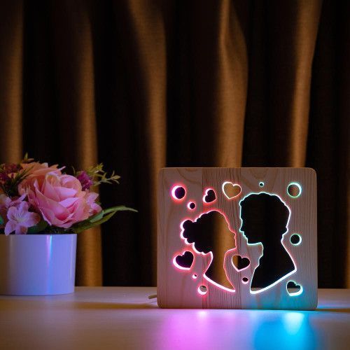 Фото Світильник нічник ArtEco Light з дерева LED "Поцілунок" з пультом та регулюванням кольору, подвійний RGB 1020452,
