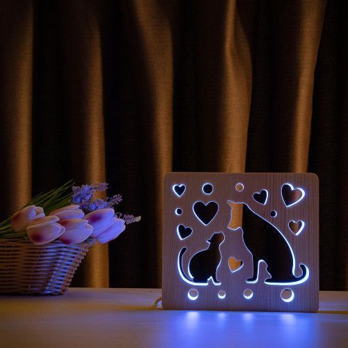 Фото Світильник нічник ArtEco Light з дерева LED "Кіт та собака" з пультом та регулюванням кольору, RGB 1020475,