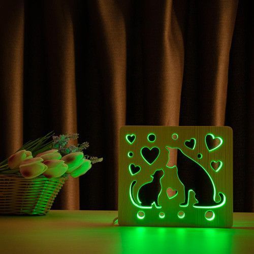 Фото Світильник нічник ArtEco Light з дерева LED "Кіт та собака" з пультом та регулюванням кольору, RGB 1020475,