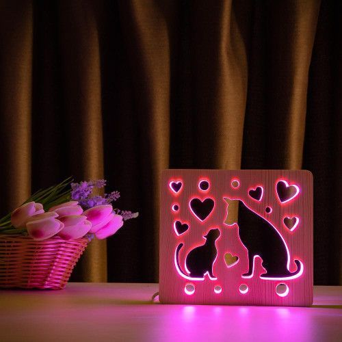 Фото Світильник нічник ArtEco Light з дерева LED "Кіт та собака" з пультом та регулюванням кольору, RGB 1020475,