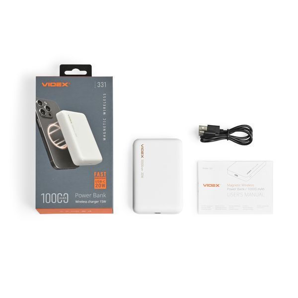 Фото Повербанк з бездротовою зарядкою 10000mAh VIDEX VPB-331 PD20W White 28294,