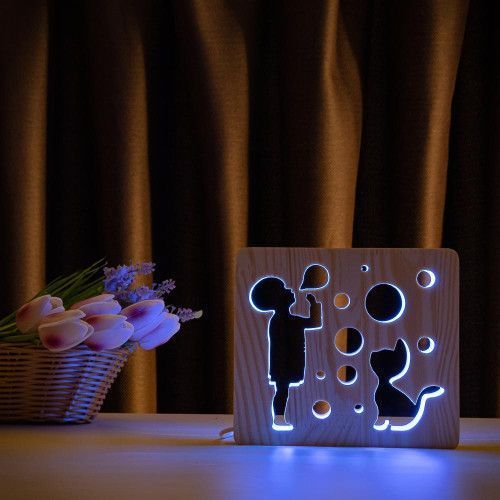 Фото Світильник нічник ArtEco Light з дерева LED "Хлопчик і бульбашки" з пультом та регулюванням кольору, RGB 1020471,