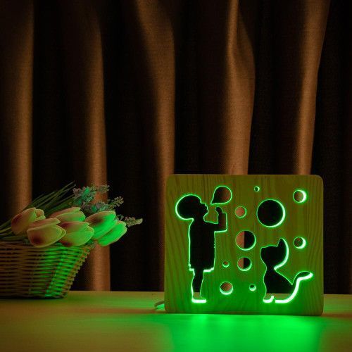 Фото Світильник нічник ArtEco Light з дерева LED "Хлопчик і бульбашки" з пультом та регулюванням кольору, RGB 1020471,